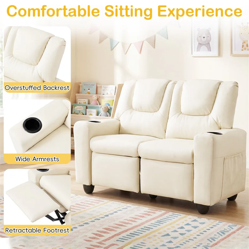 Eletriclife 2-Seater Kids Recliner PU Leather Toddler Loveseat Sofa with Cup Holders & Side Pockets