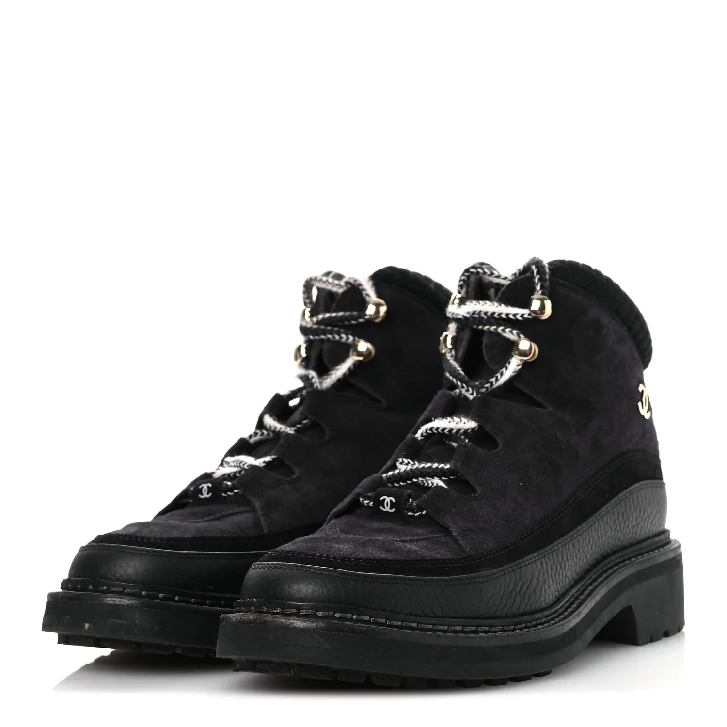 Suede Grained Calfskin CC Lace Up Boots 38 Black - Top Club