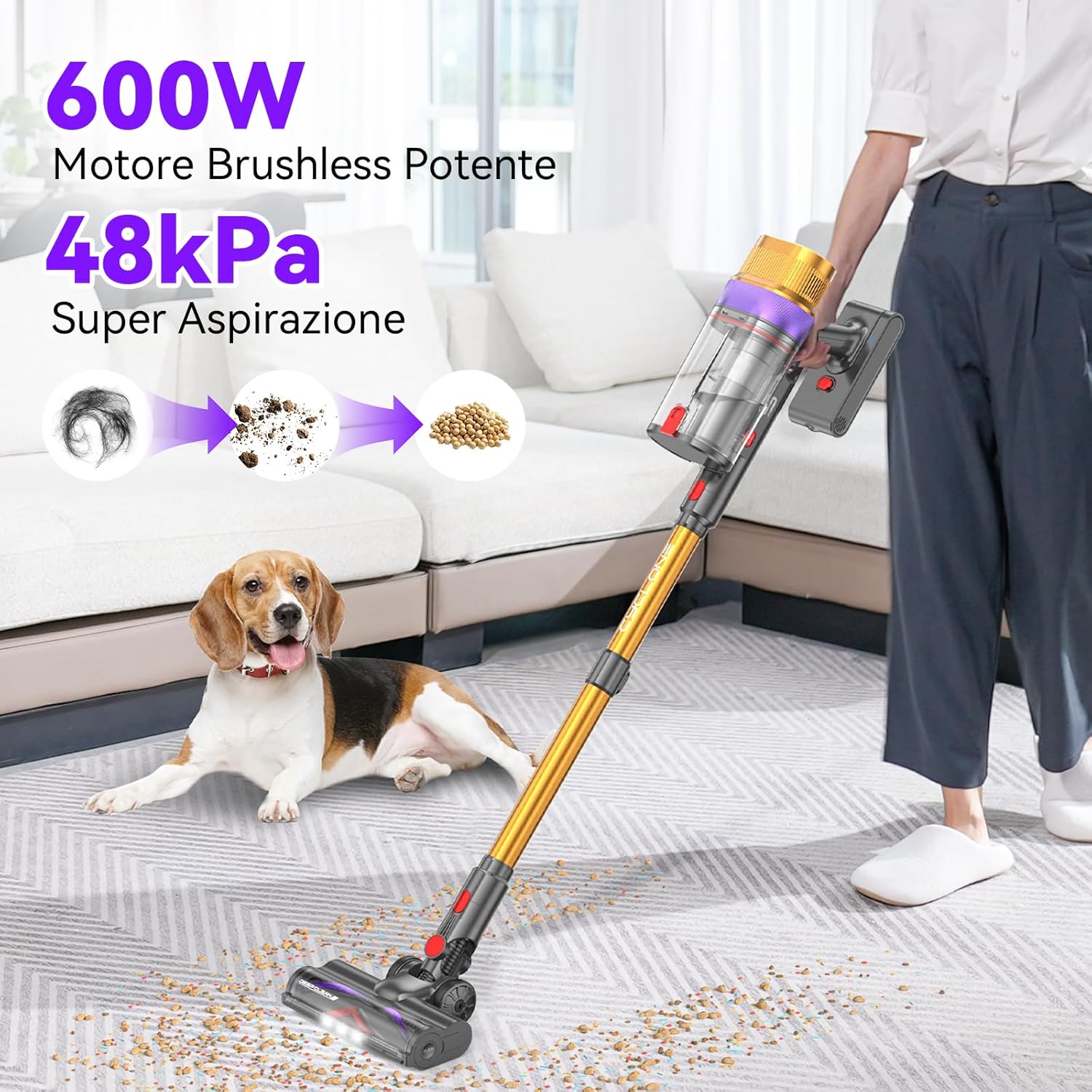 Vistefly V15 Ultra Aspirapolvere senza Fili, 48KPa 600W 70 Minuti Scopa Elettrica senza Filo Potente, Doppio Contenitore Anti-Groviglio Modalità Automatica per Pavimenti Tappeti Peli Animalili