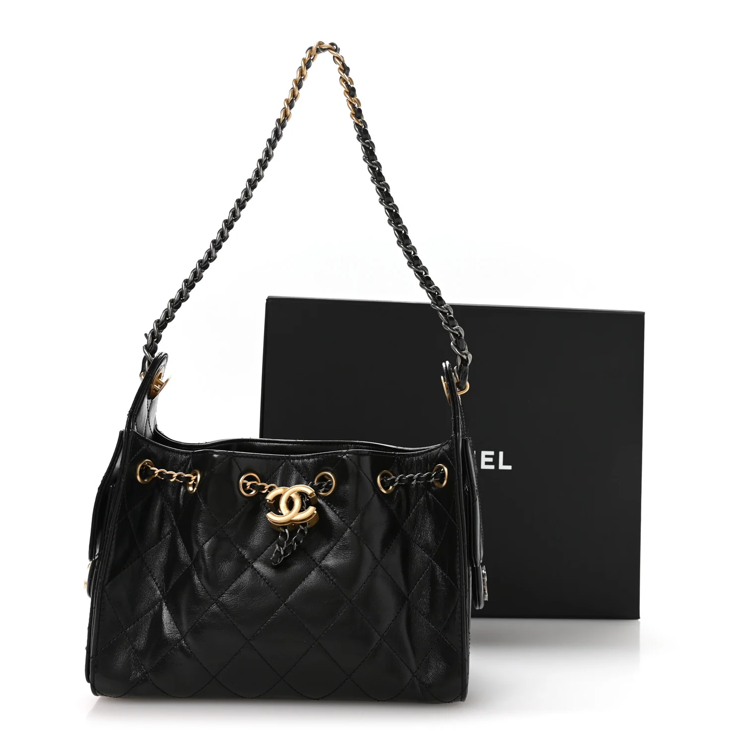 Shiny Crumpled Calfskin Quilted Mini Chanel 25 Handbag Black - Top Club
