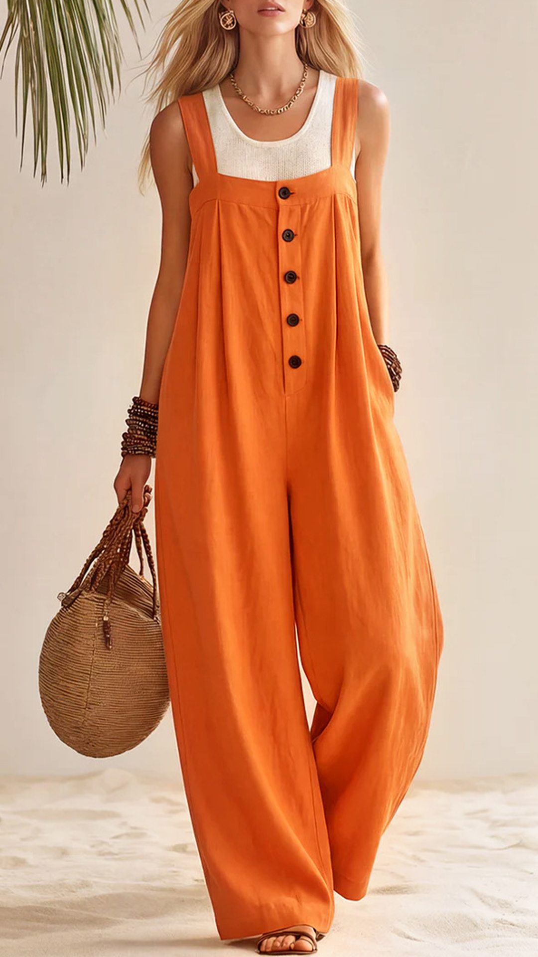 Women's Cotton‑blend Square‑neck Button‑Front Strap Wide‑leg Jumpsuit - Nordfashionstorm - Women's Clothing, Fashion for You - Nordfashionstorm.com