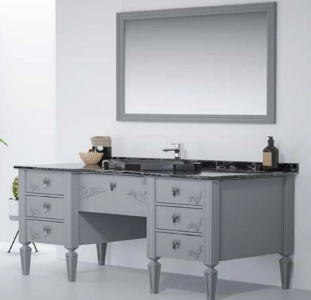 Luxury Baroque Bathroom Set Gray / Black - 1 Washbasin & 1 Oval Ceramic Washbasin & 1 LED Wall Mirror - Bathroom Furniture in Baroque Style - Baroque Furniture - Baroque Furnishings