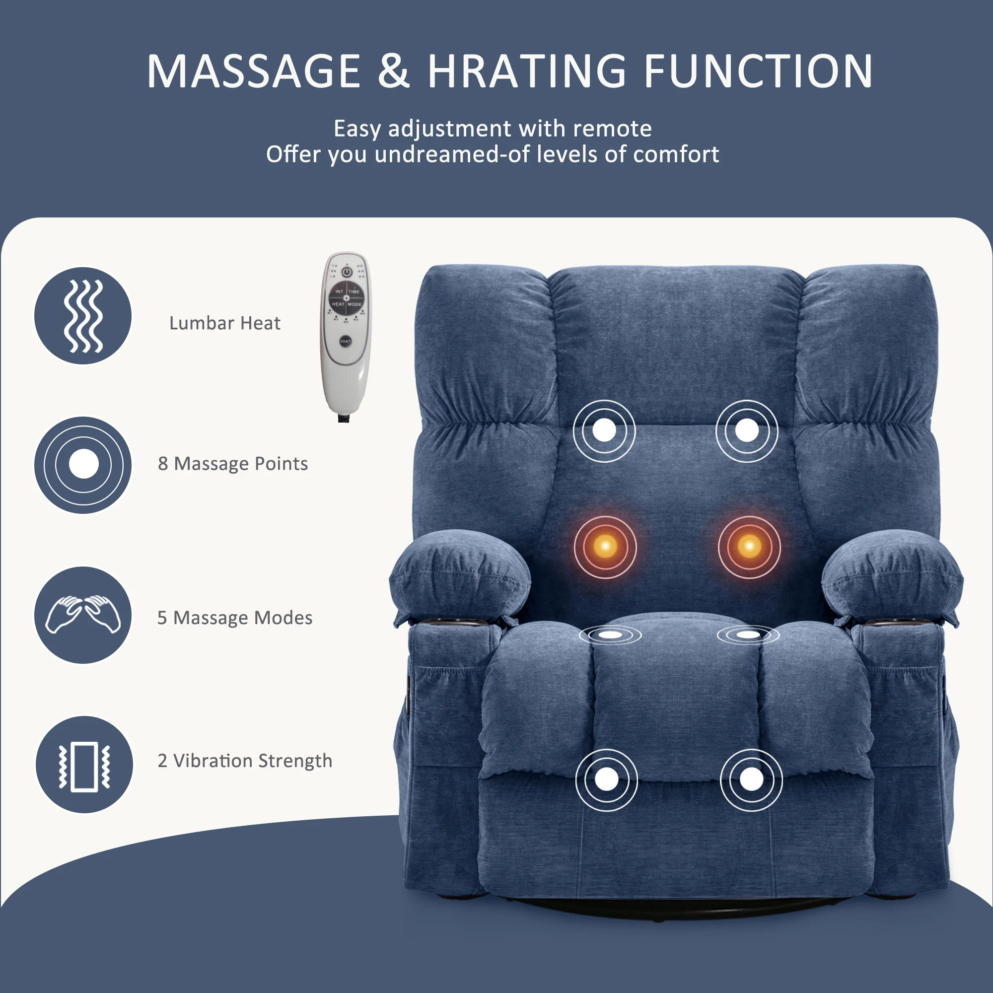 JONPONY Manual Recliner Chair with Heat Therapy and Massage Function, Heavy Duty Reclining Mechanism Massage Chair, Elderly Single Rocker Sofa with Cup Holders for Bedroom Home Theater, Grey