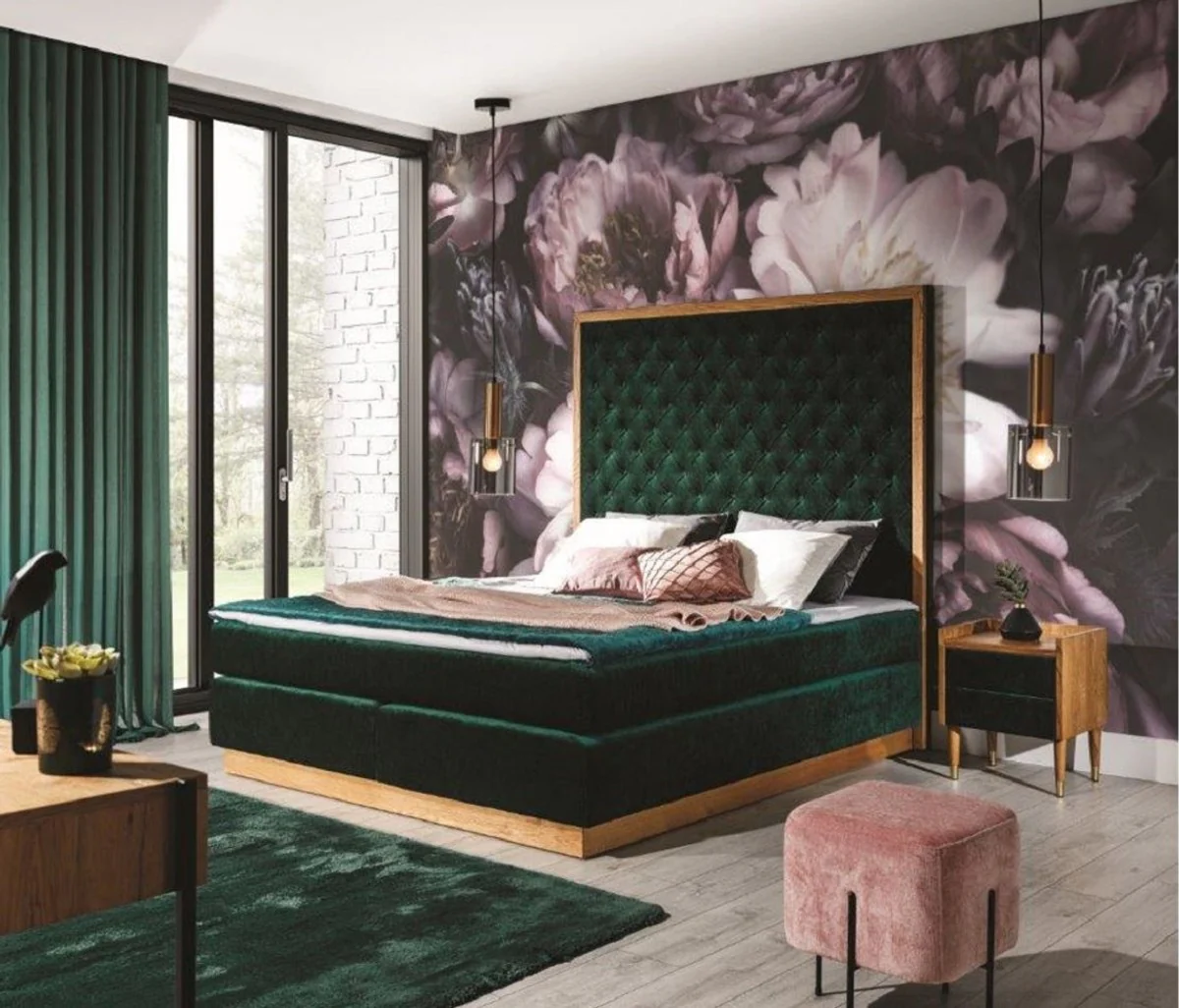 Luxury double bed dark green / natural colors - Various sizes - Modern solid wood bed with headboard - Modern bedroom furniture - Luxury collection