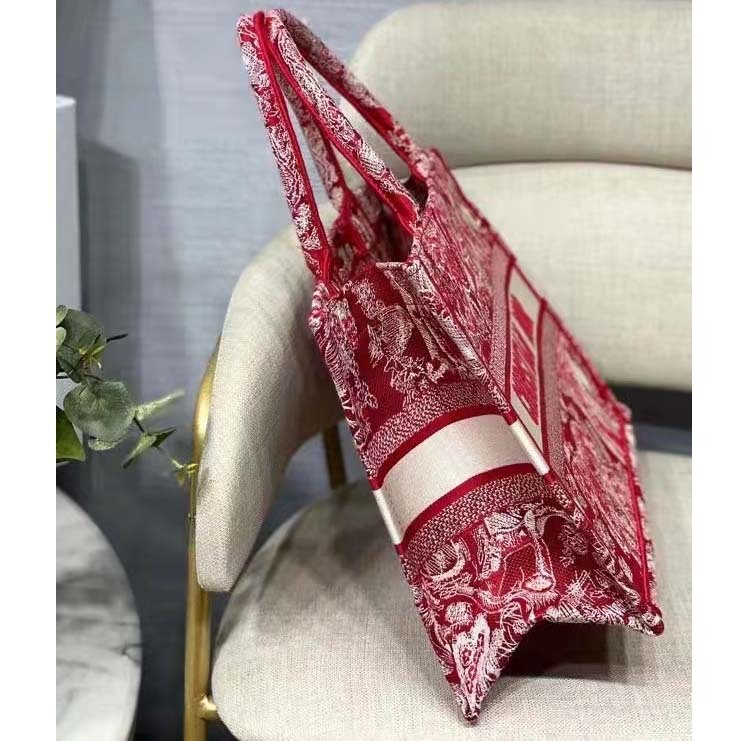 CD Unisex Medium Book Tote Burgundy Toile De Jouy Stripes Embroidery - Top Club