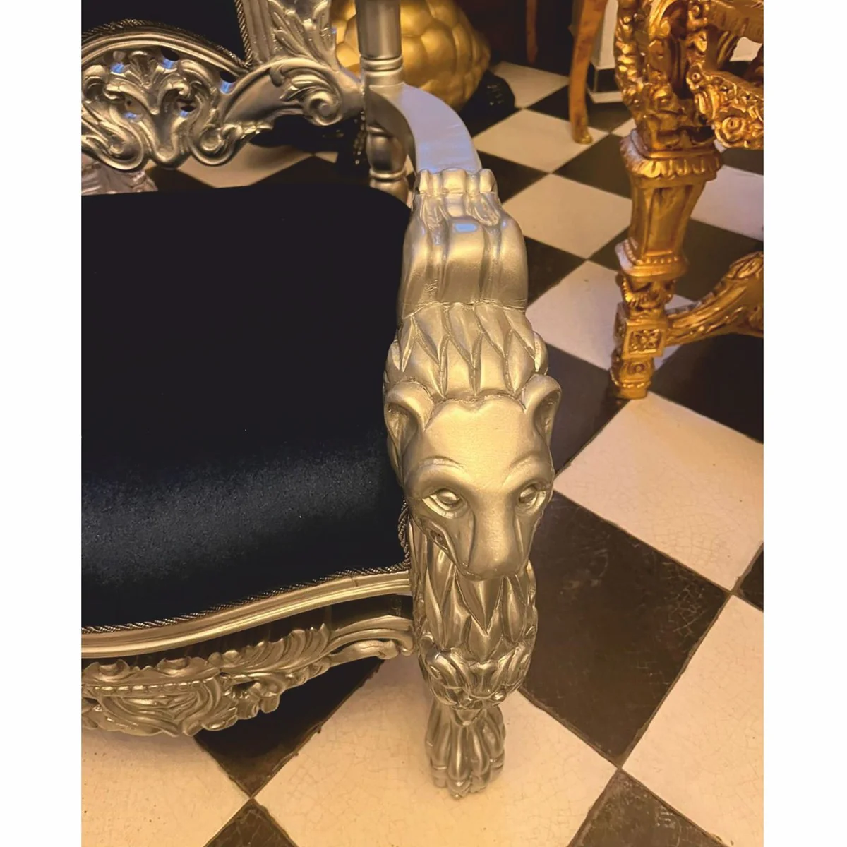 Luxury baroque throne armchair with glittering stones dark blue / silver - baroque furniture