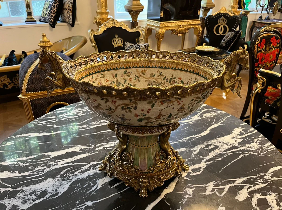 Art Nouveau porcelain bowl multicolored / brass 63 x 38 x H. 41 cm - Magnificent porcelain bowl - Baroque & Art Nouveau decorative accessories