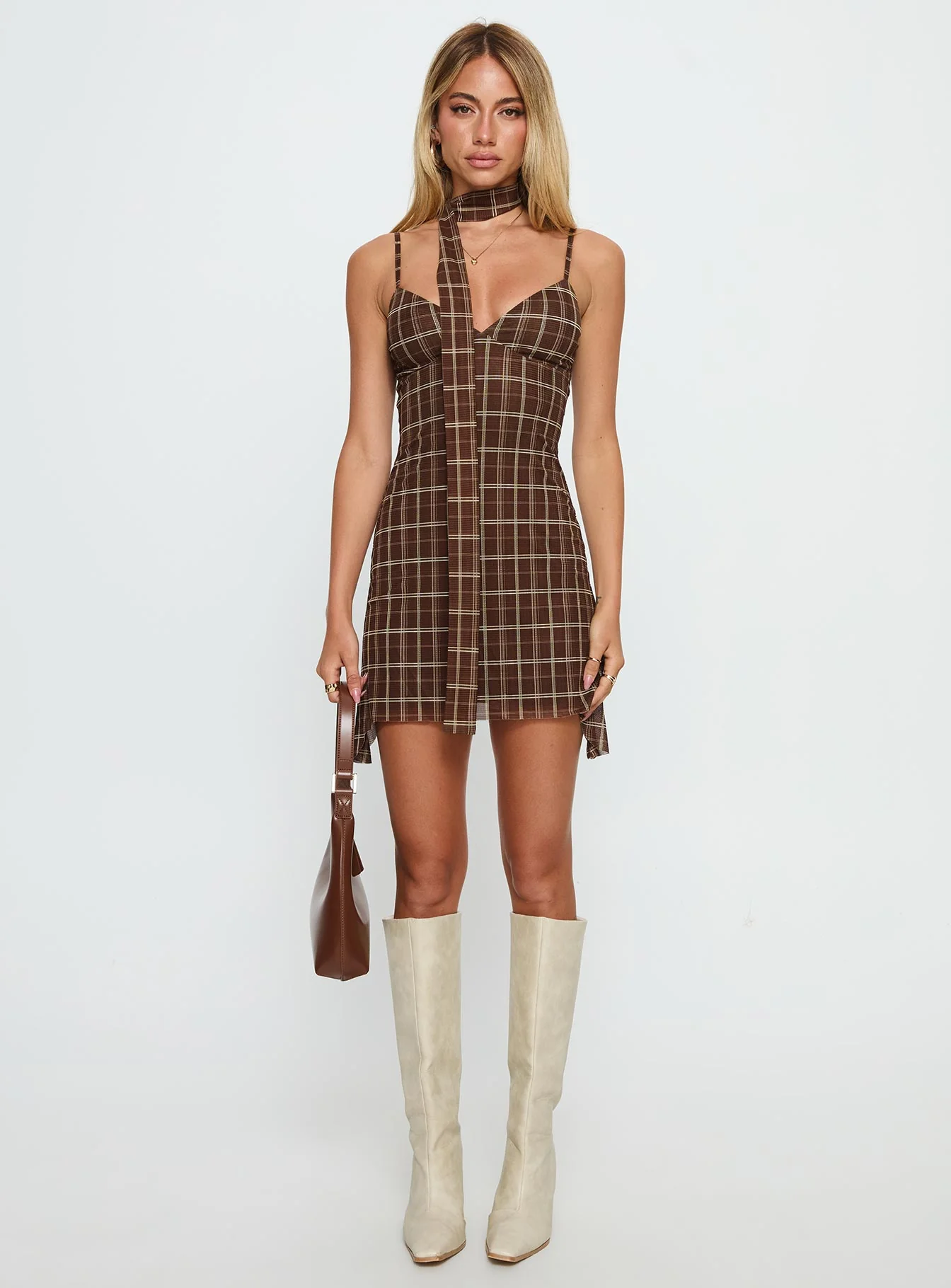 Love Unknown Scarf Tie Mini Dress Brown Check