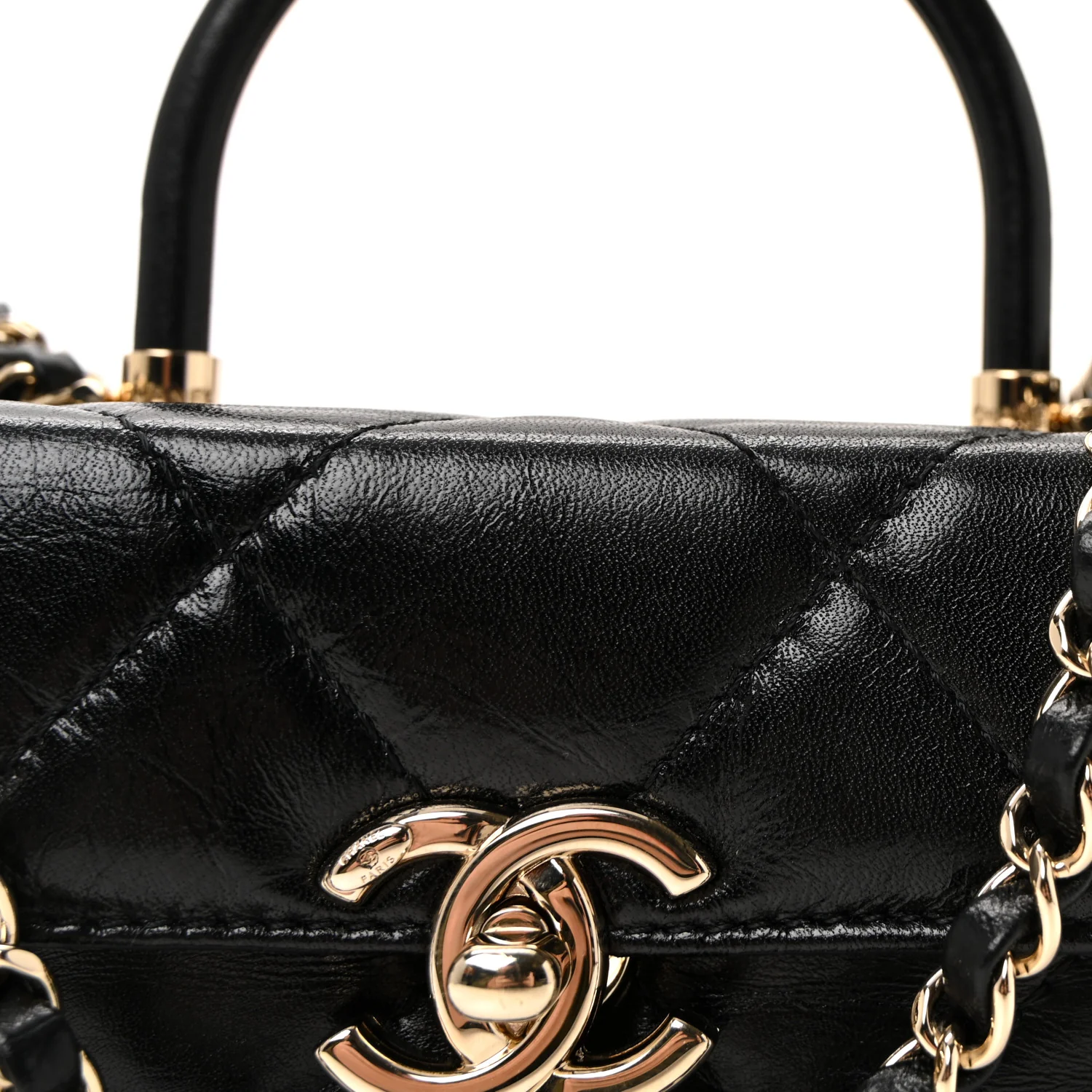Shiny Calfskin Quilted Top Handle Box Bag Black - Top Club