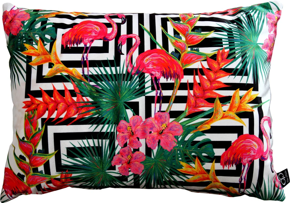 Luxury cushion Miami Flamingos & Flowers multicolored 35 x 55 cm - finest velvet fabric - decorative living room cushion