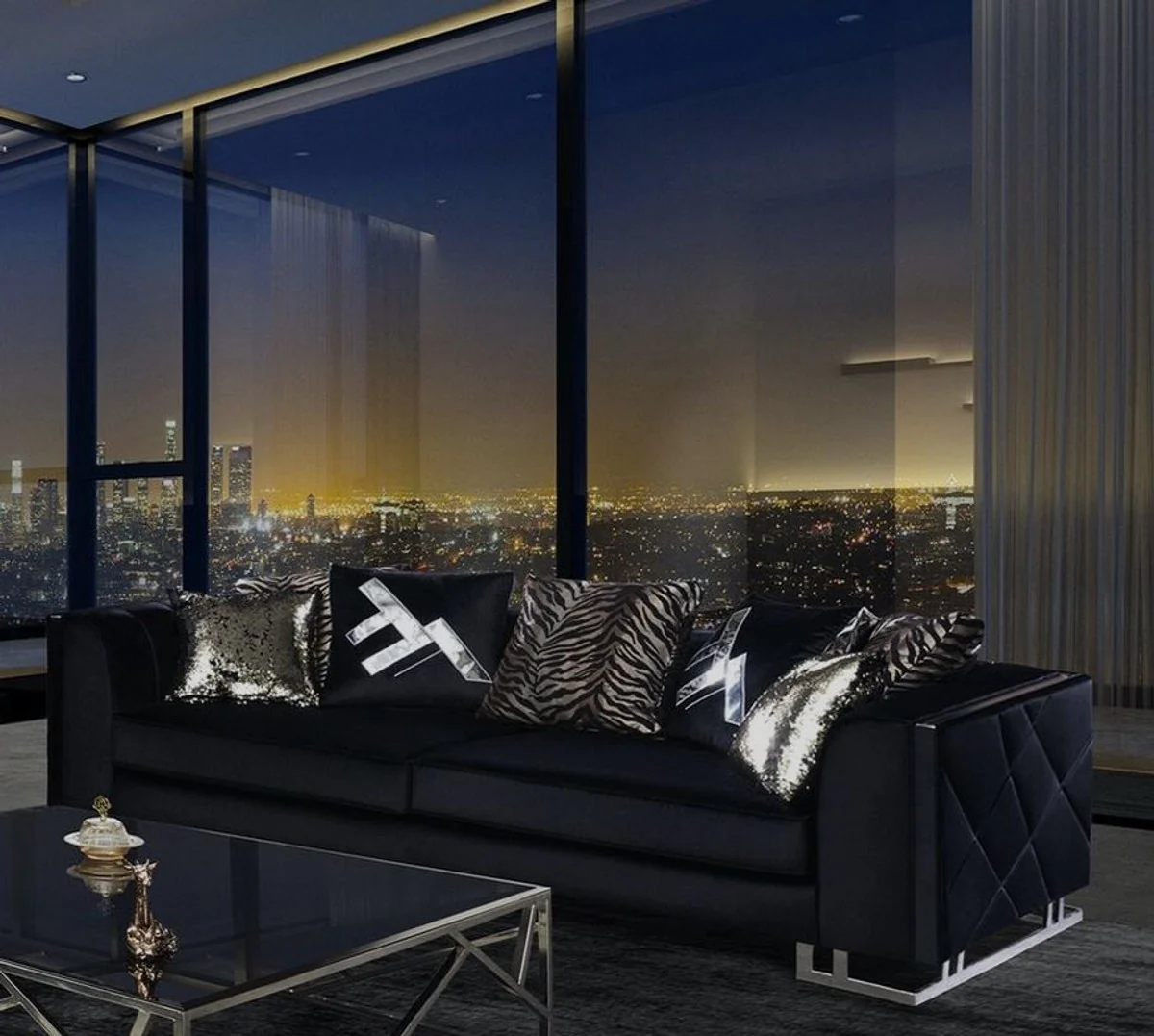 Luxury living room sofa with decorative pillows black / silver 237 x 96 x H. 66 cm - Luxury living room furniture