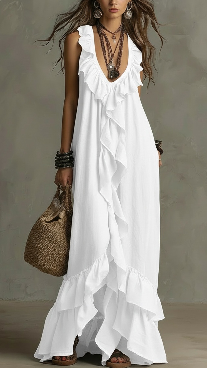Women's Casual Bohemian V-Neck Short-Sleeve Ruffled Vintage Dress - Nordfashionstorm - Women's Clothing, Fashion for You - Nordfashionstorm.com