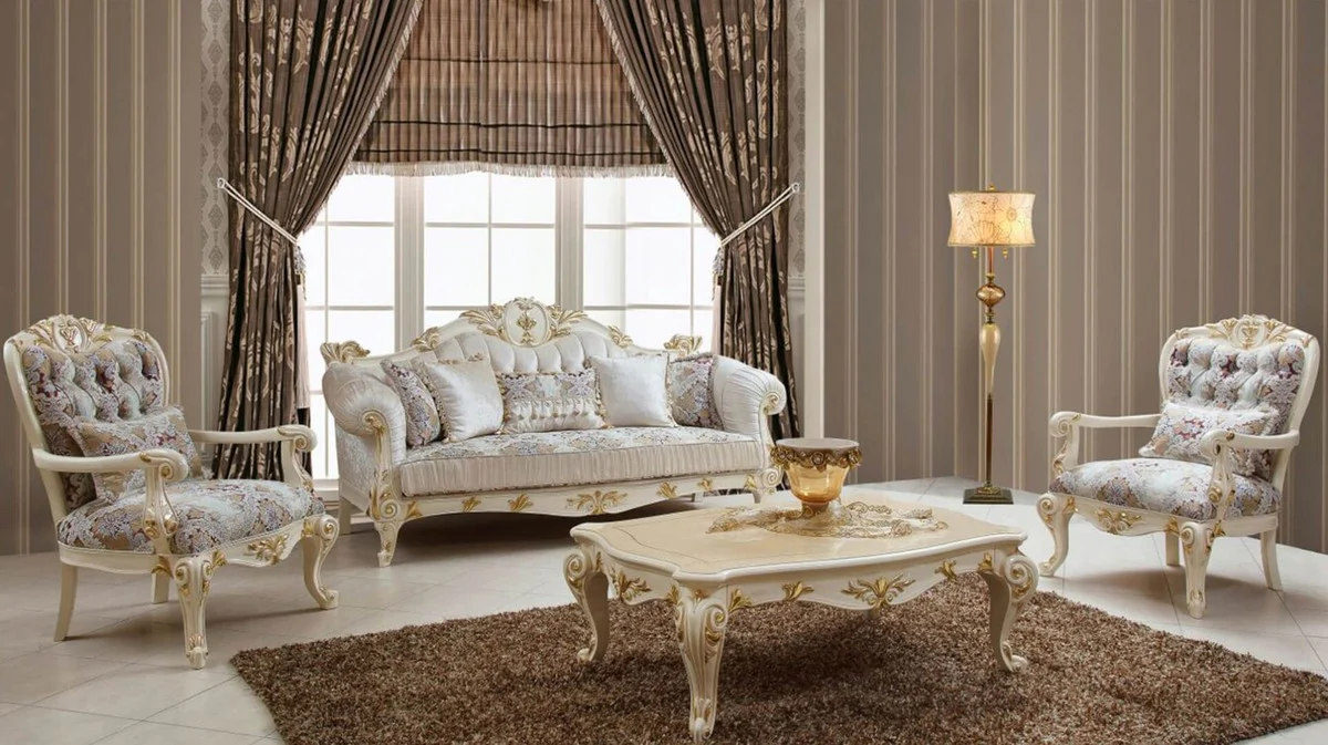 Luxury Baroque Living Room Set White / Brown / Multicolored / Cream / Gold - 2 Baroque Sofas & 2 Baroque Armchairs & 1 Baroque Coffee Table - Luxury Living Room Furniture in Baroque Style - Baroque Furniture