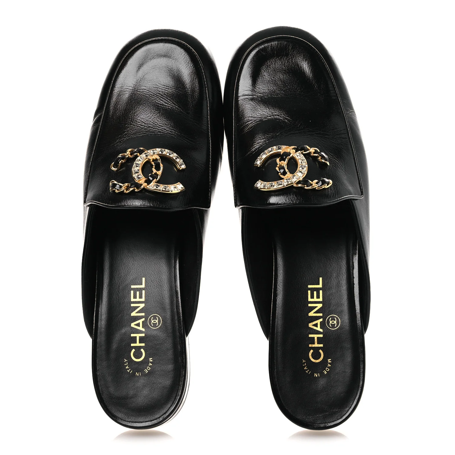 Shiny Calfskin Crystal CC Mules 41 Black