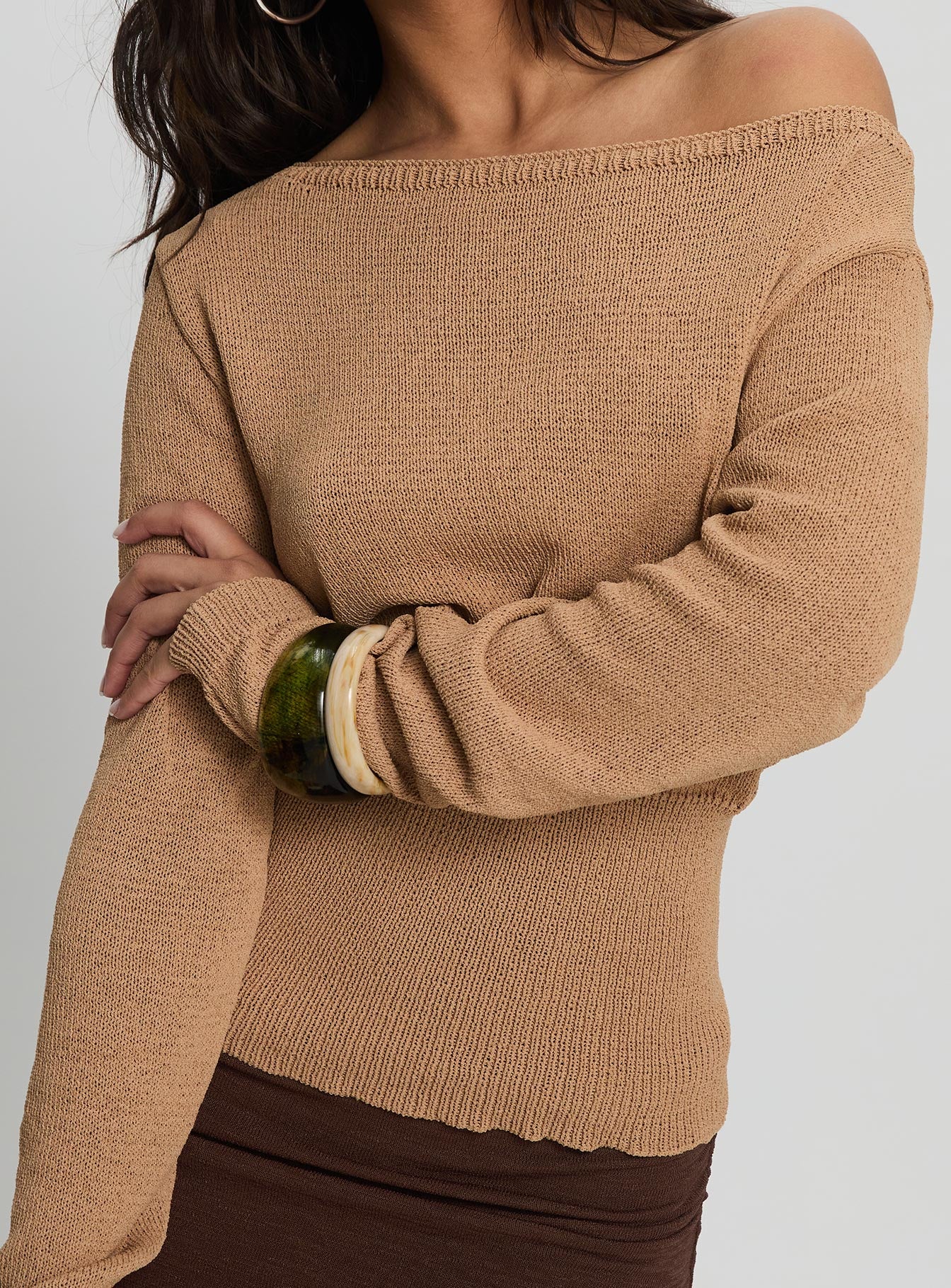 Xaria Off Shoulder Knit Sweater Tan