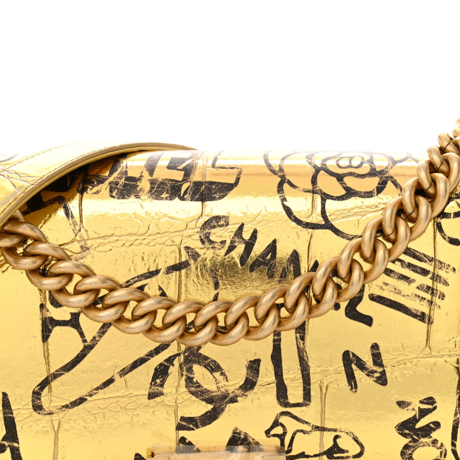 Metallic Calfskin Crocodile Embossed Graffiti Medium Cocodile Boy Flap Gold - Top Club