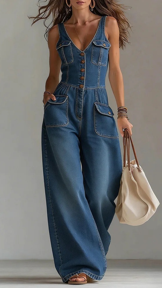Women's Washed Denim Loose-Fit Sleeveless Jumpsuit with Straps - Nordfashionstorm - Women's Clothing, Fashion for You - Nordfashionstorm.com