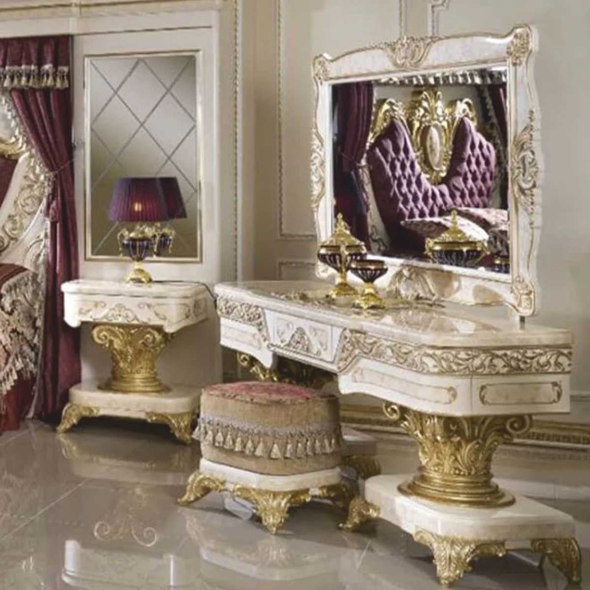 Luxury Baroque Dressing Table Set White / Beige / Gold - Baroque Furniture