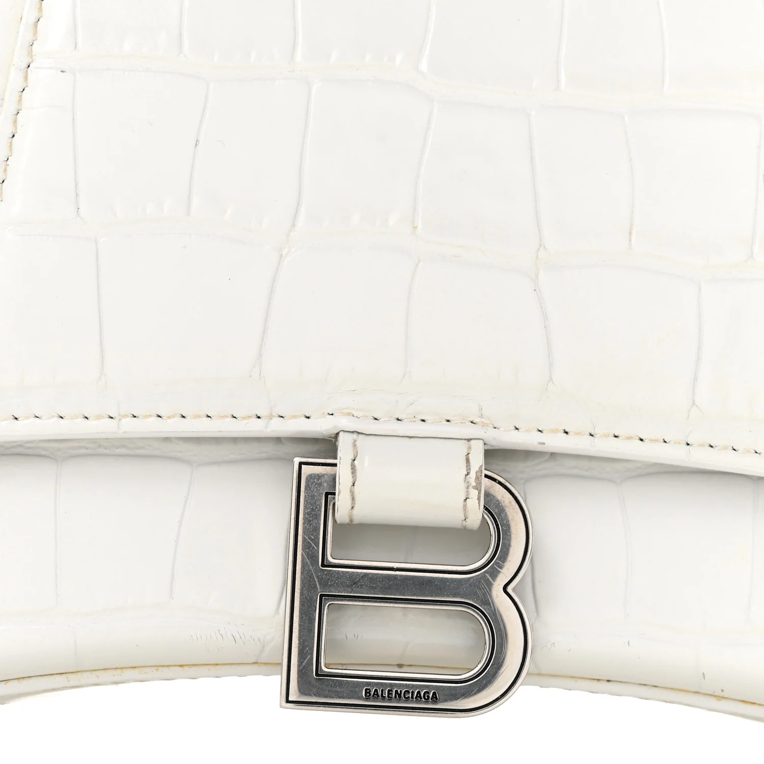 Calfskin Crocodile Embossed Small Hourglass Top Handle Bag White - Top Club