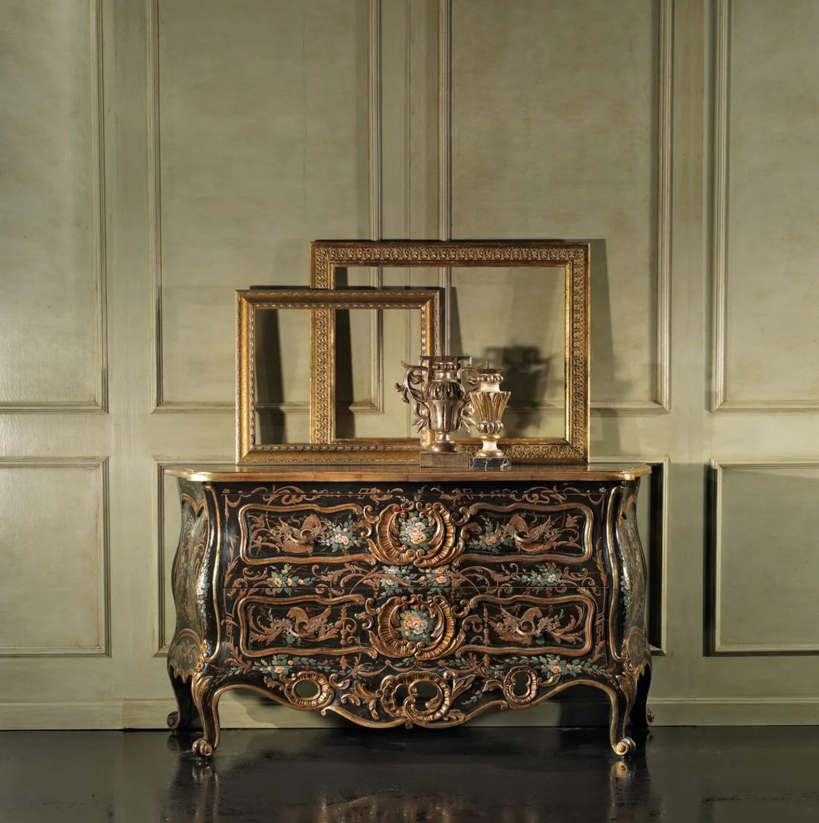 Luxury Baroque chest of drawers black / multicolor / antique gold - handmade solid wood chest of drawers with 2 drawers - luxury bedroom furniture in baroque style - luxury quality - Made in Italy