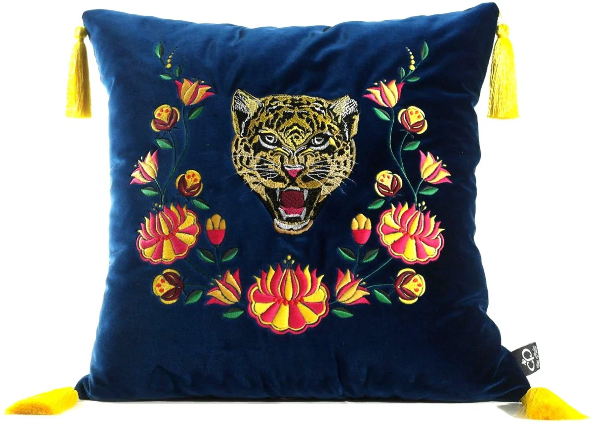 Luxury decorative cushion with tassels tiger blue / multicolored 45 x 45 cm - finest velvet fabric - luxury quality