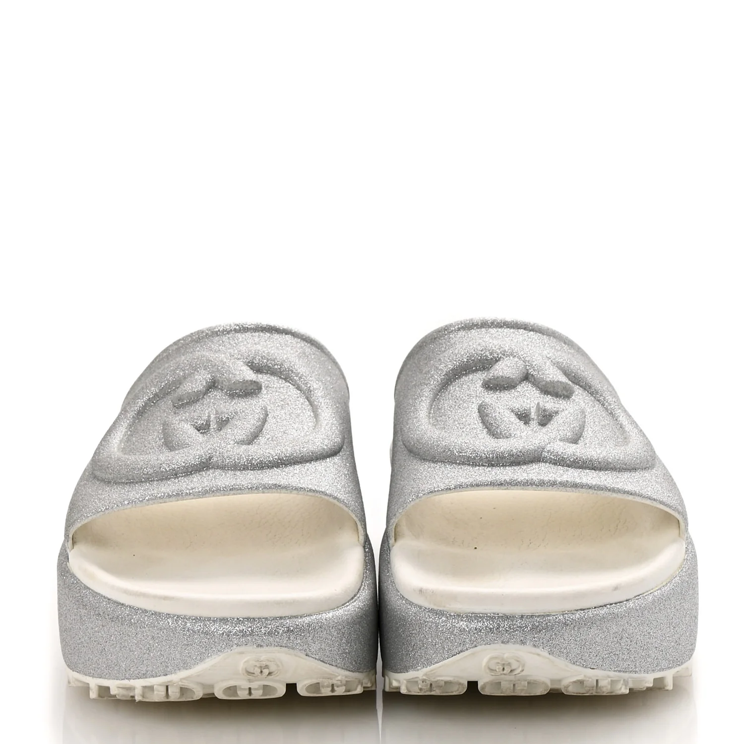 Glitter Rubber Womens Interlocking G Platform 42mm Slide Sandals 40 Silver - Top Club