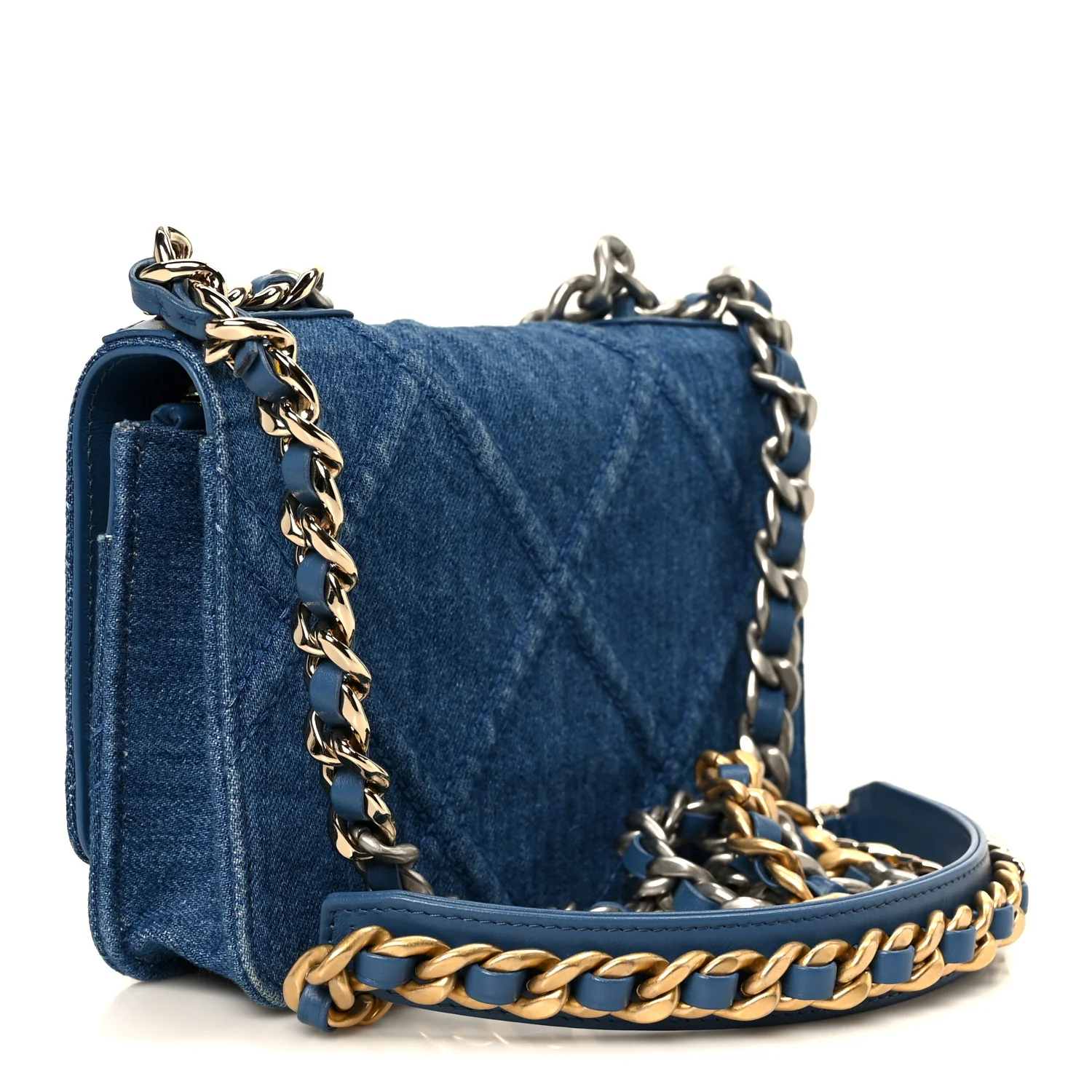 Denim Quilted Chanel 19 Wallet On Chain WOC Blue - Top Club