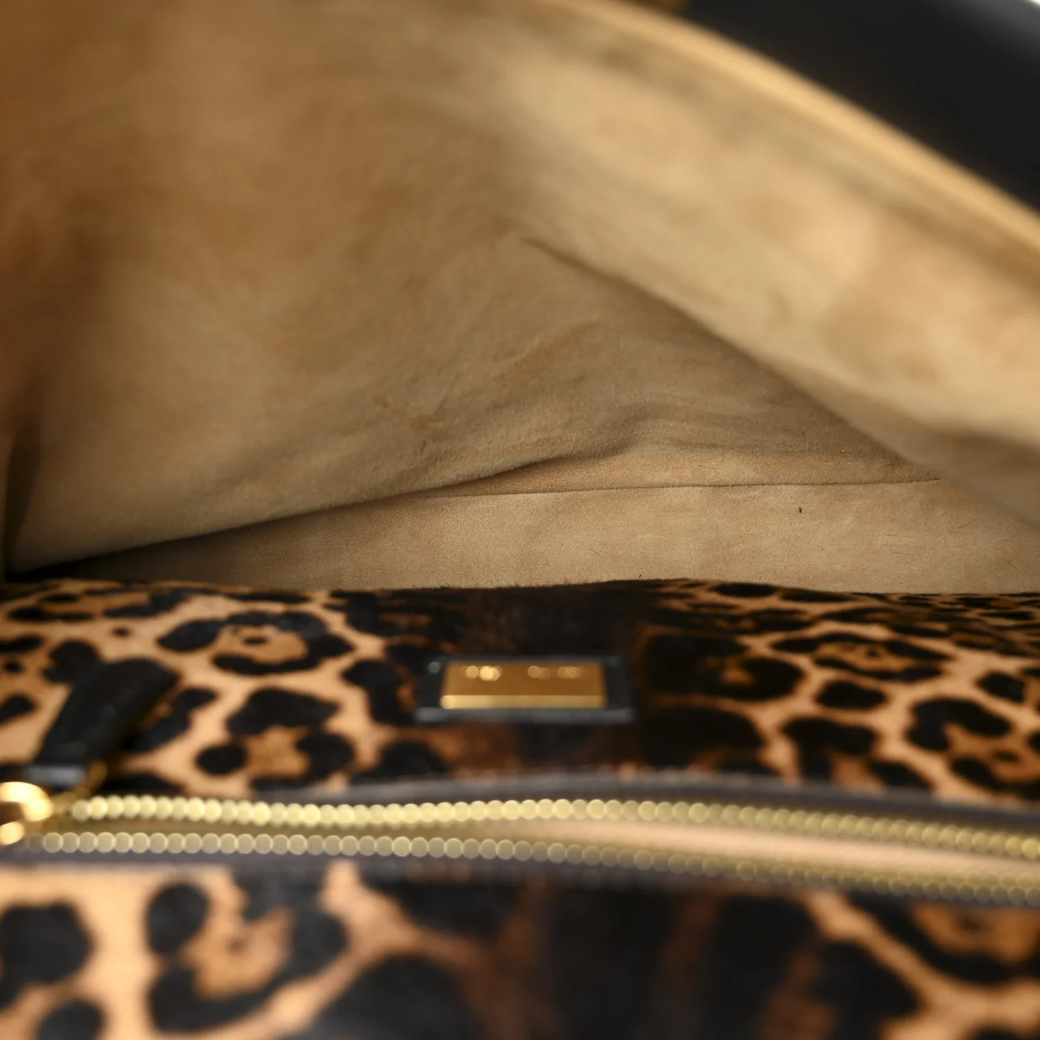 Calfskin Calf Hair Leopard Print Large Peekaboo Iconic Satchel Black - Top Club
