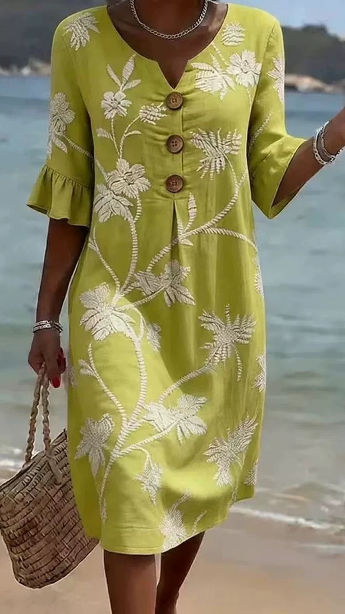 Women's Vacation-Style V-Neck Printed Loose-Fit Dress with Mid-Length Sleeves - Nordfashionstorm - Women's Clothing, Fashion for You - Nordfashionstorm.com