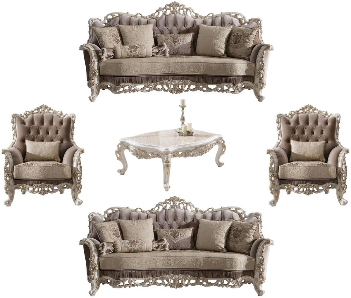 Luxury Baroque Living Room Set Brown / Beige / White / Gold - 2 Sofas & 2 Armchairs & 1 Coffee Table - Noble Baroque Living Room Furniture