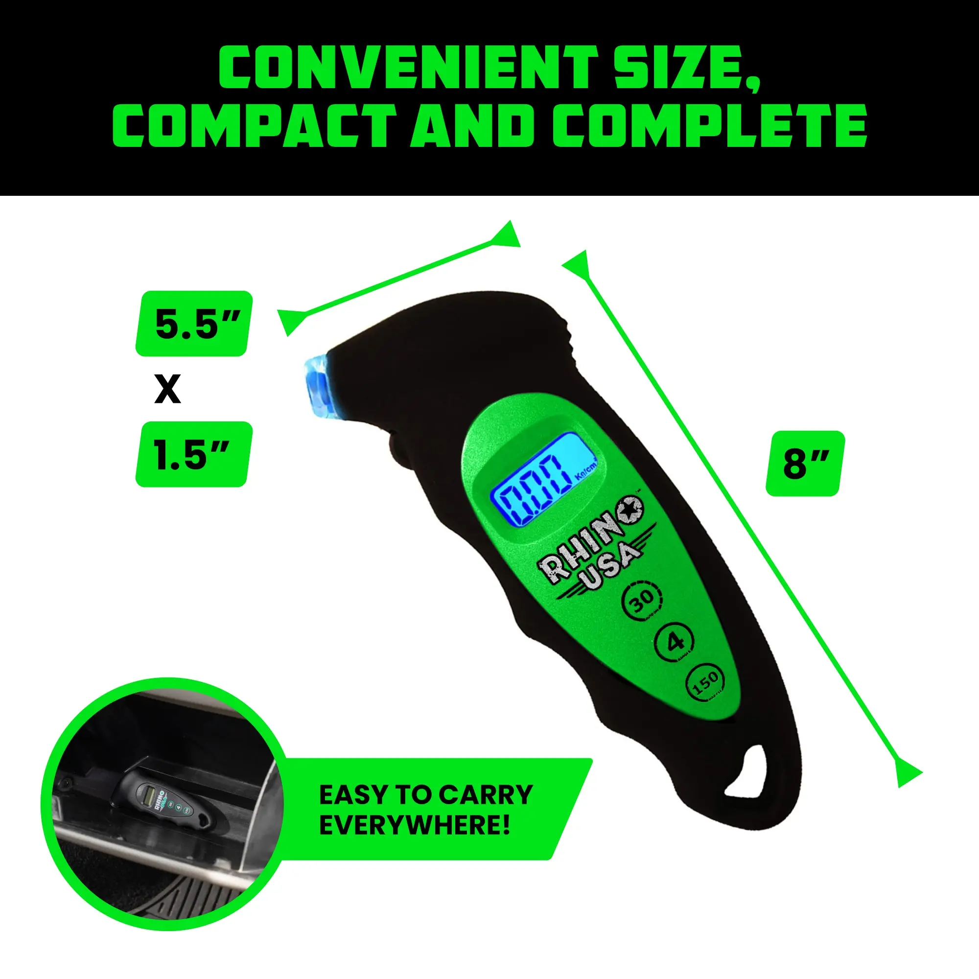 Rhino USA Digital Tire Pressure Gauge 150 PSI, 4 Ranges, Ergonomic Design with Lighted Nozzle & LCD Backlit Display - Certified Accurate Readings