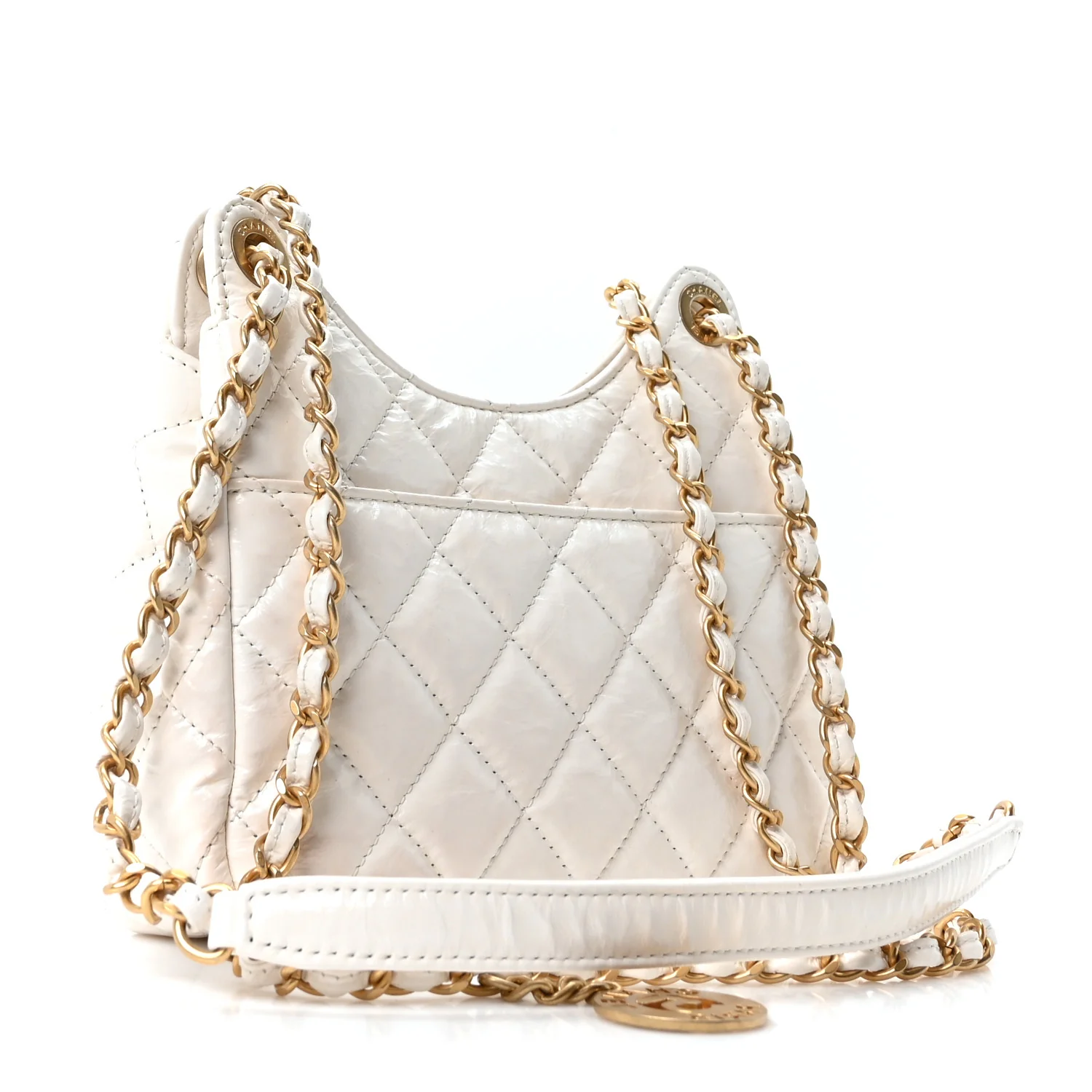 Shiny Crumpled Calfskin Quilted Small Wavy CC Hobo White - Top Club