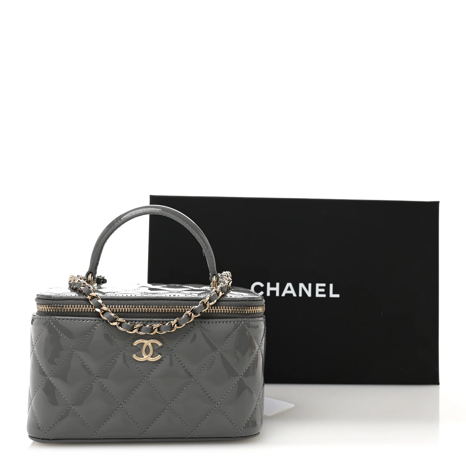 Patent Quilted Quilted Small Top Handle Vanity Case With Chain Grey - Top Club