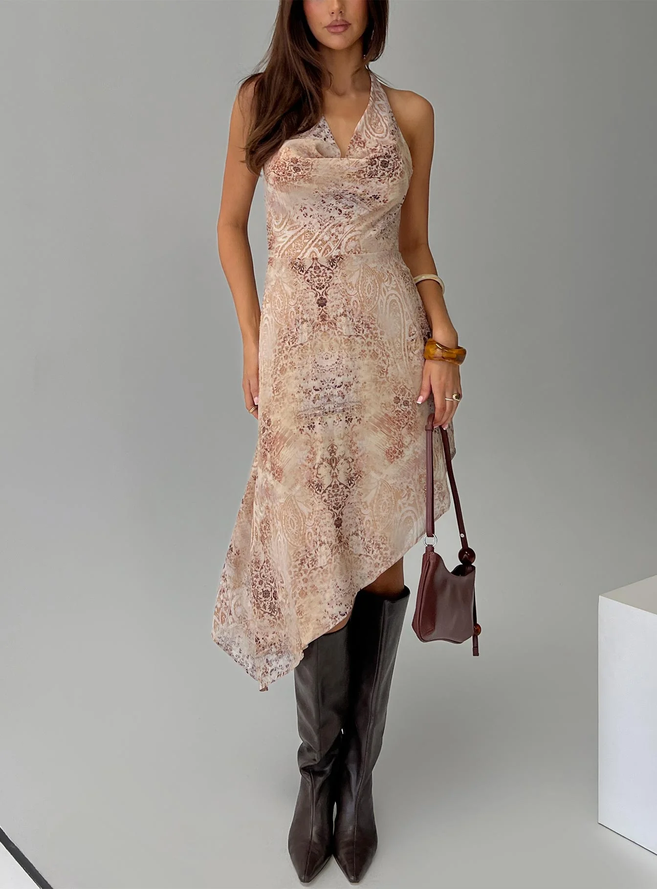 Zolena Halter Asymmetrical Midi Dress Multi