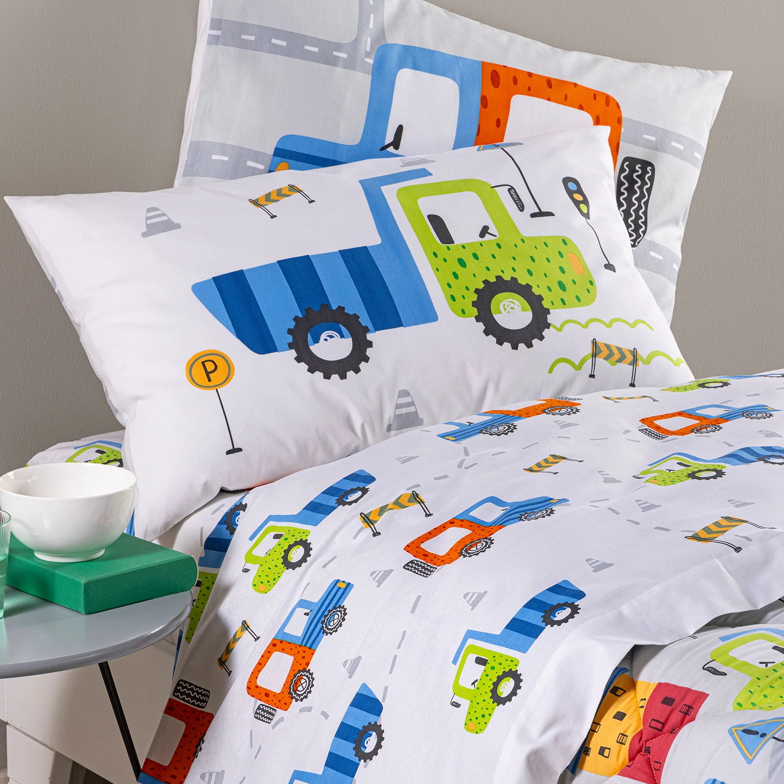 Completo Lenzuola In Cotone City Car Singolo Grigio Caleffi Kids