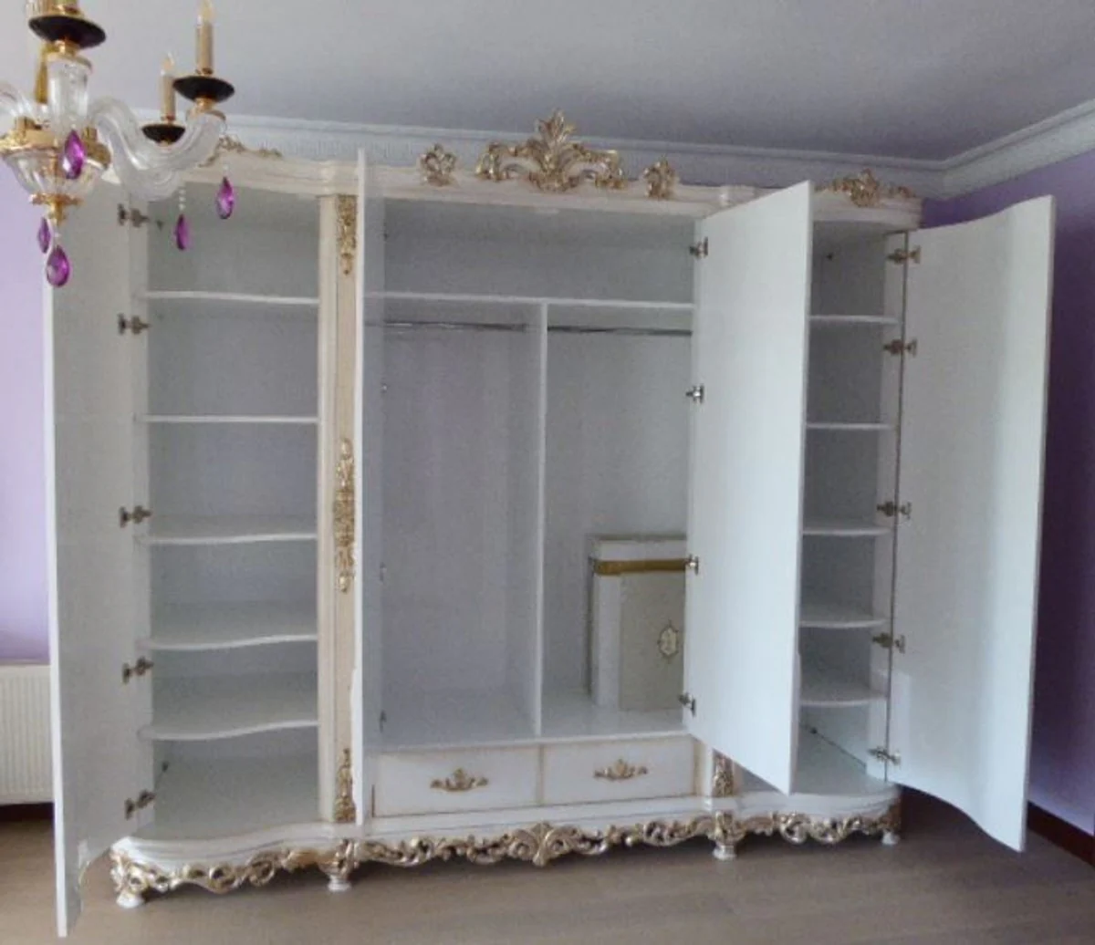 Luxury baroque bedroom wardrobe white / cream / silver / copper 320 x 70 x H. 250 cm - noble solid wood wardrobe - bedroom furniture in baroque style - luxury quality