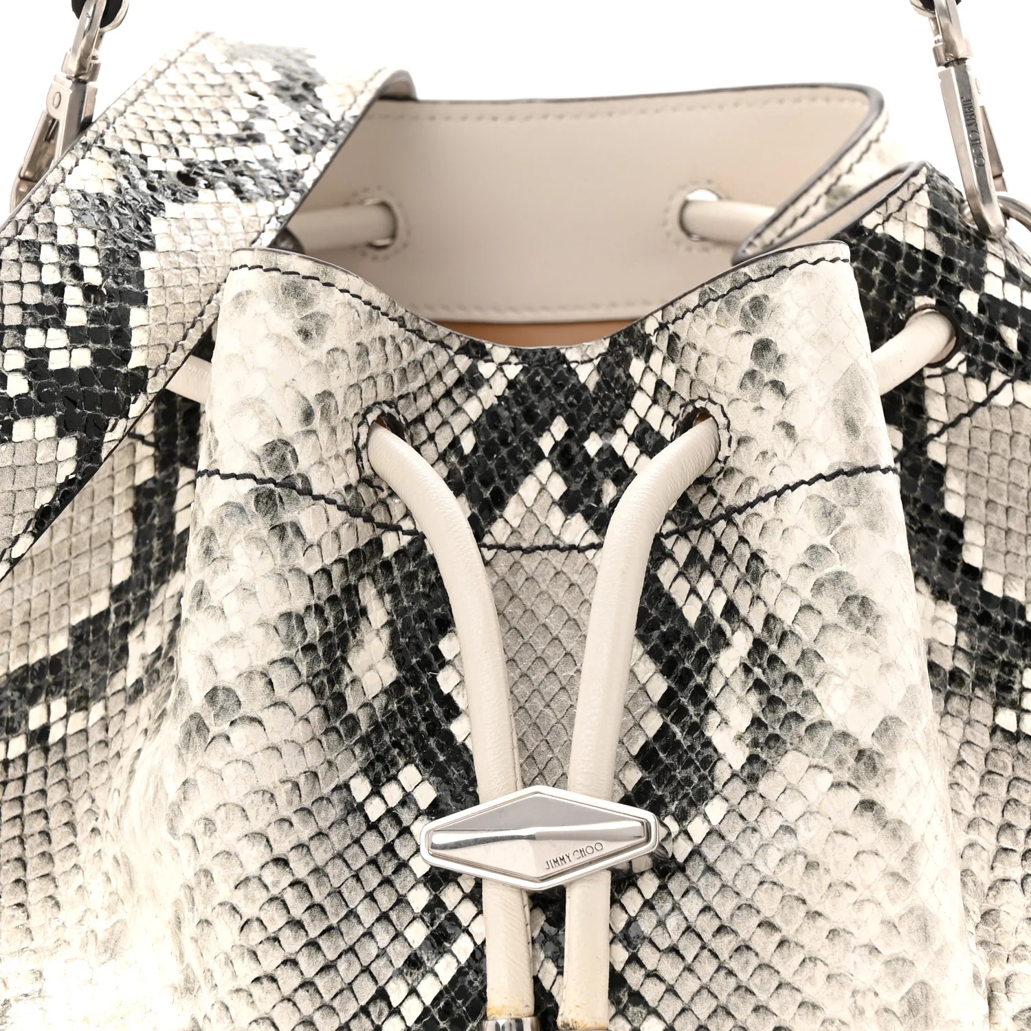 Calfskin Snakeskin Embossed Cinch M Bucket Bag Neutral - Top Club