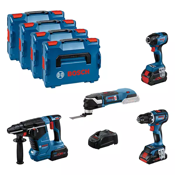 BOSCH COMBI-KIT 4 TOOLS 18V: GSR 18V-90C + DDR 18V-210C + GBH 18V-24C + GOP 18V-28 + 1 BATTERY 4.0 AH (PROCORE) + 2 BATTERIES 5.5 AH (PROCORE) + GAL 1880CV (L)
