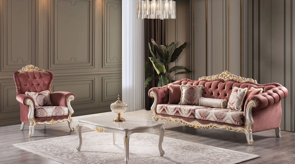 Luxury Baroque Living Room Set Red / White / Gold - 2 Sofas & 2 Armchairs & 1 Coffee Table - Magnificent Baroque Living Room Furniture