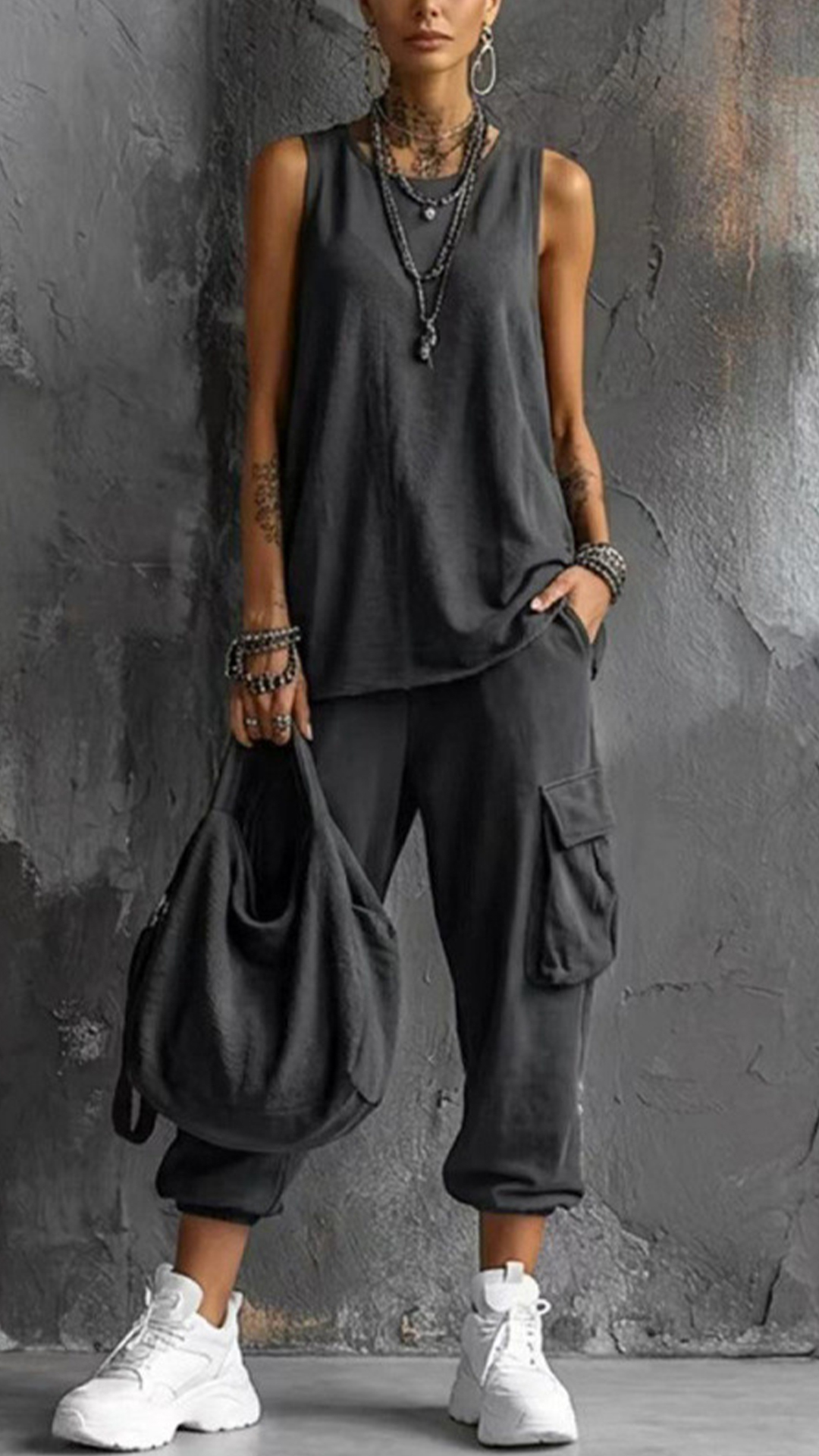 Women's Dark Grey Sleeveless Cargo Cropped Two-Piece Outfit - Nordfashionstorm - Women's Clothing, Fashion for You - Nordfashionstorm.com