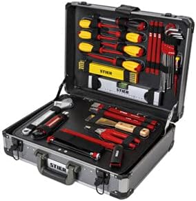 STIER Assortimento di utensili per elettricisti, valigetta per utensili, 128 pezzi, in una robusta valigetta di alluminio tutto per il professionista, ampio e ben protetto, livella, martello, metro a