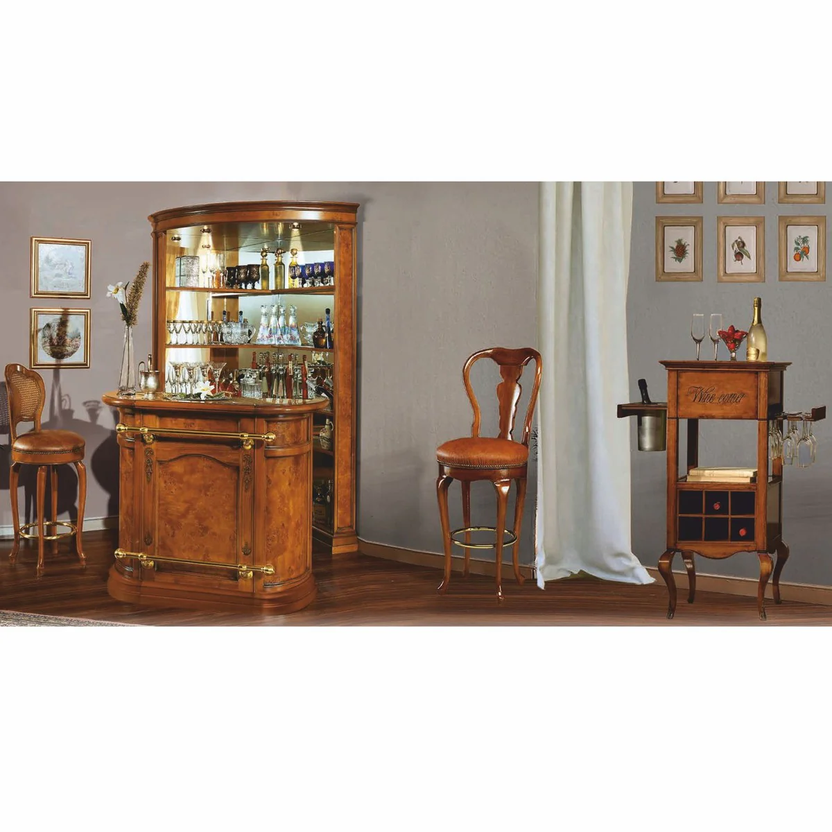 Luxury Baroque Leather Bar Chair Brown / Gold H. 120 cm - Bar Furniture - Made in Italy