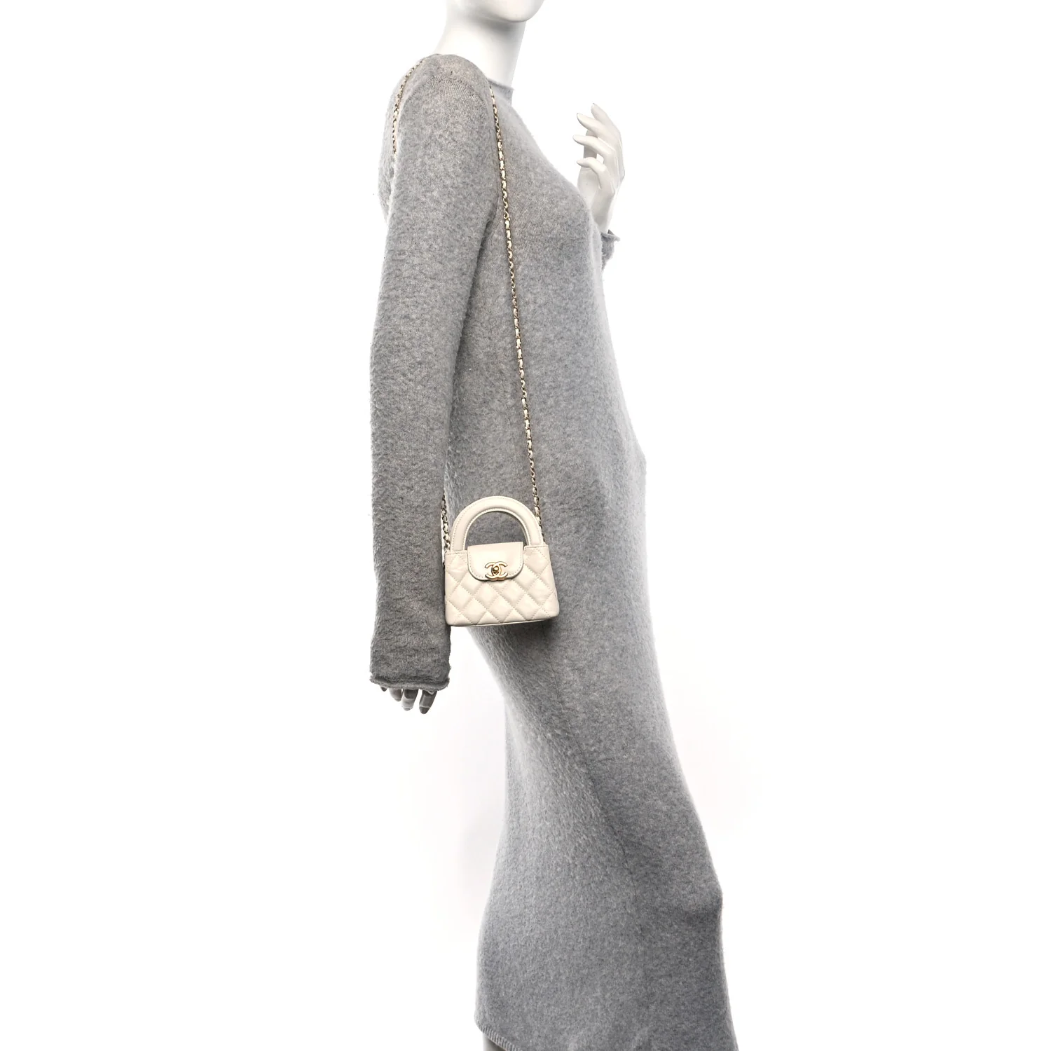 Shiny Aged Calfskin Quilted Mini Nano Kelly Shopper White