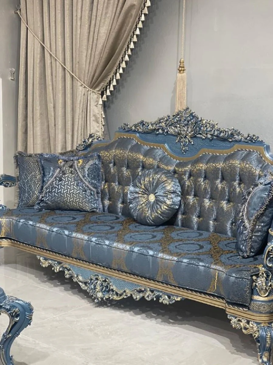 Luxury Baroque Living Room Set Blue / Gold - 2 Baroque Sofas & 2 Baroque Armchairs & 1 Baroque Coffee Table - Luxury Living Room Furniture in Baroque Style - Baroque Furniture - Noble & Ornate