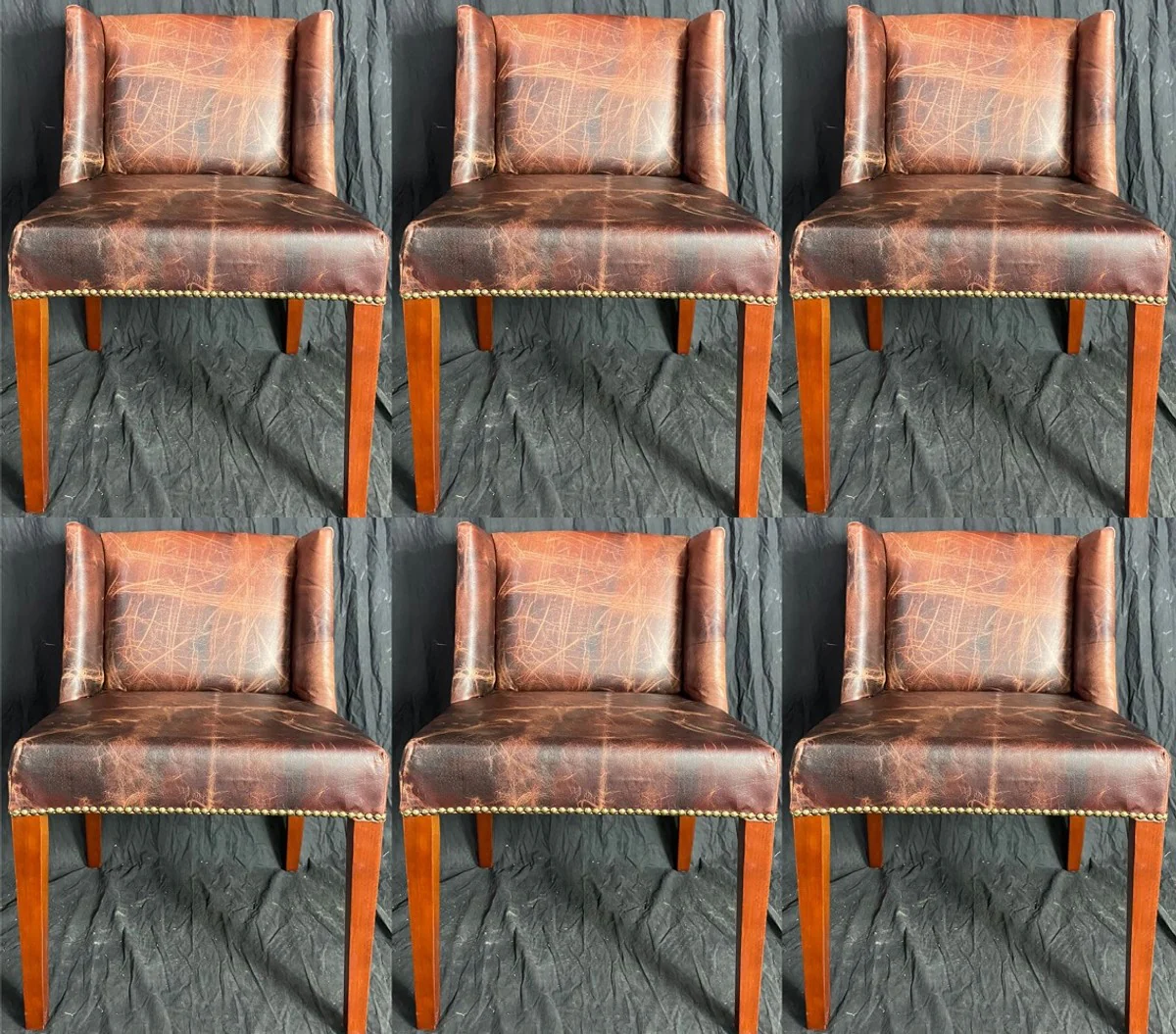Luxury leather dining room chair set vintage dark brown / brown 56 x 52 x H. 81 cm - genuine leather kitchen chairs set of 6 - dining room furniture - leather furniture - luxury furniture - luxury furnishings