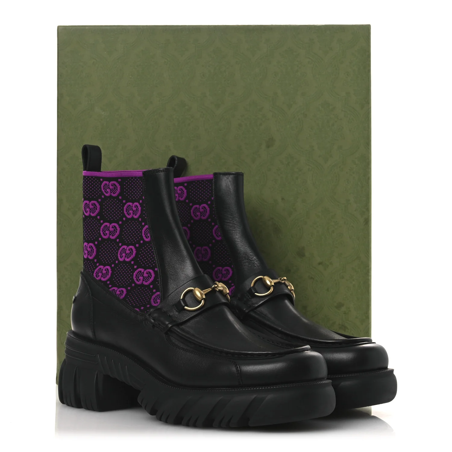 Quebec Calfskin Technical Jersey Knit GG Monogram Horsebit Ankle Boots 42 Black Fucsia - Top Club