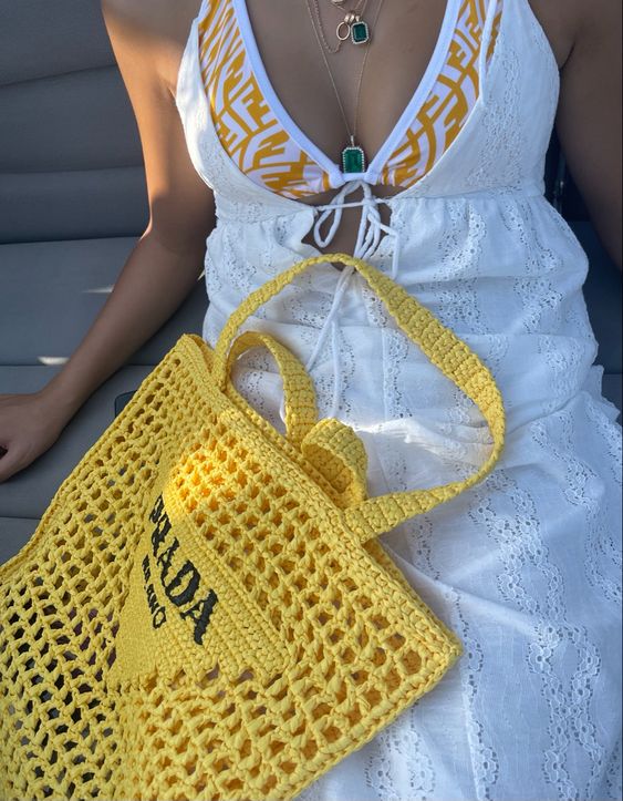 Prada Women's Natural Crochet Tote Bag-Yellow - Top Club