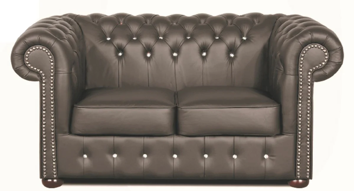 Chesterfield genuine leather 2-seater sofa in dark gray with Swarovski crystal stones 160 x 90 x H. 78 cm - luxury collection