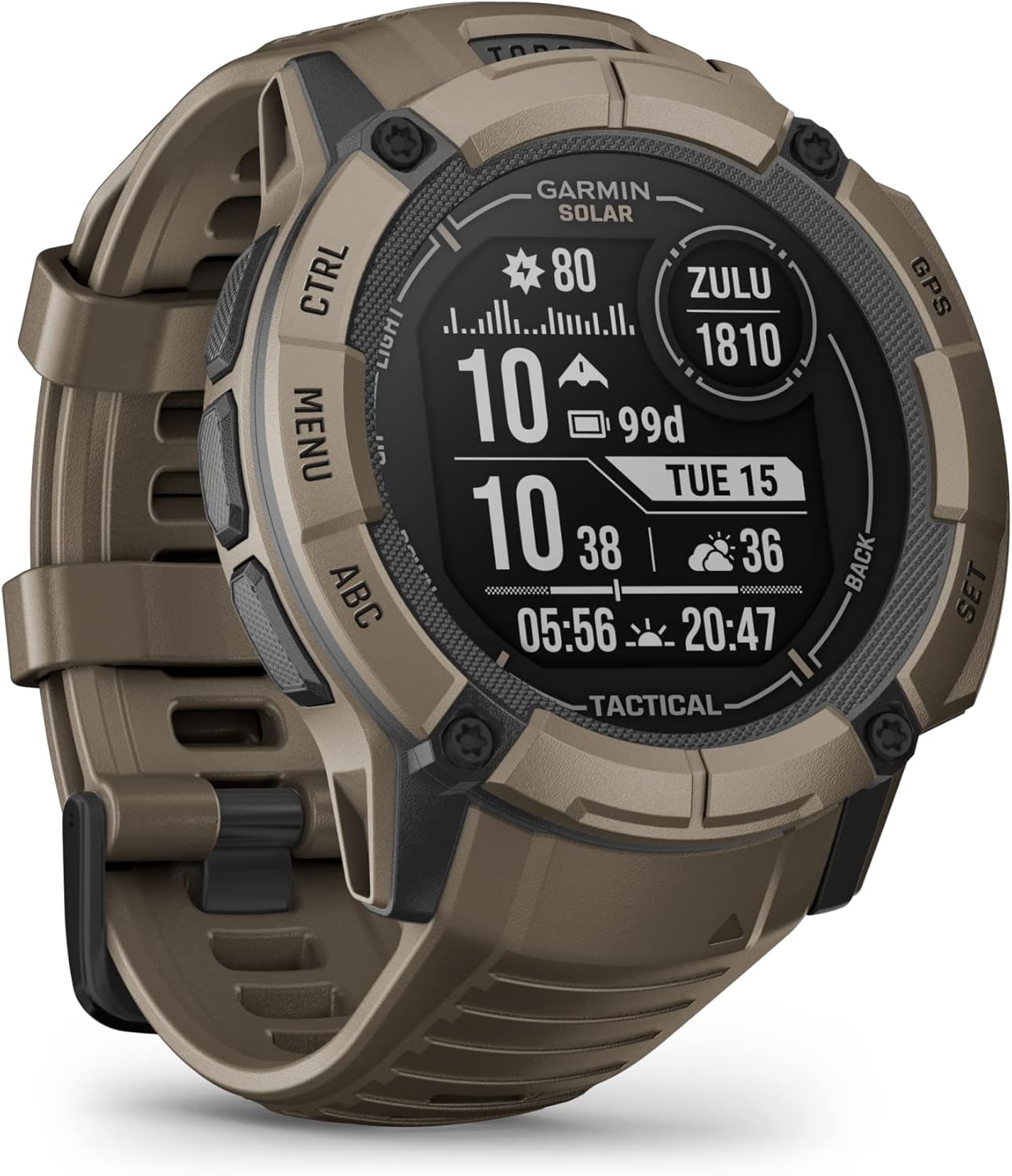Instinct 2X Solar - Tactical, Smartwatch, 50mm, Ricarica solare, Autonomia infinita, Torcia LED, Calcolatore balistico, Kill Switch, Visore notturno, GPS, Cardio, SpO2, Pay (Coyote Tan)