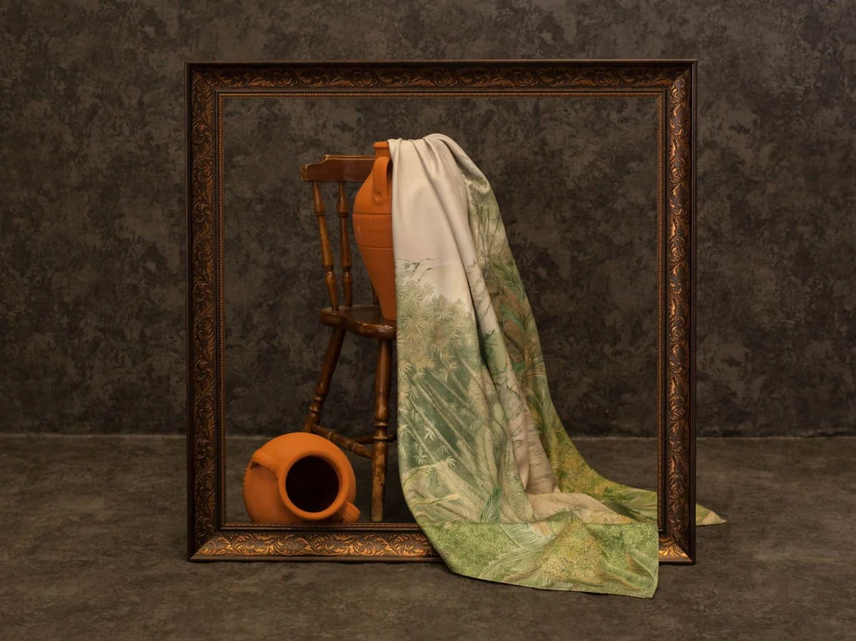 Luxury curtain set palm trees landscape cream / green 250 x H. 290 cm - Printed linen & velvet curtains - Eyelet curtains - Sliding curtains - Luxury decorative accessories
